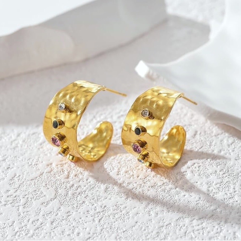 New FP 18KGP Hammered CZ Hoop Earrings - Picture 2 of 11
